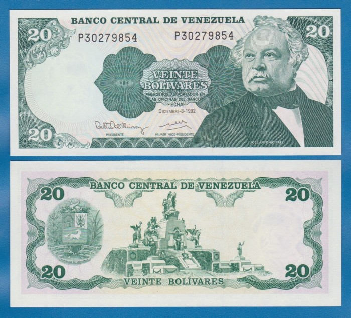 VENEZUELA █ bancnota █ 20 Bolivares █ 1992 █ P-63d █ UNC █ necirculata
