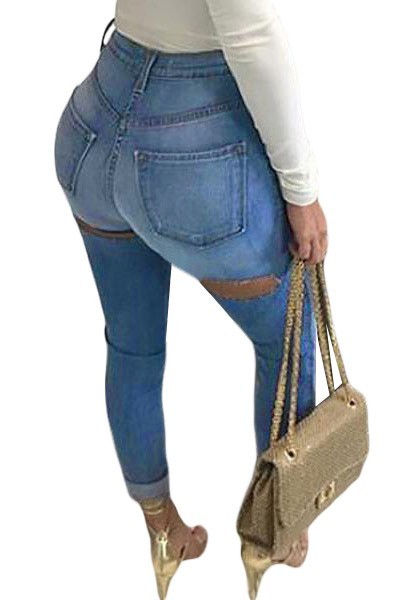 CL811-444 Jeans skinny cu talie inalta si decupaje la spate