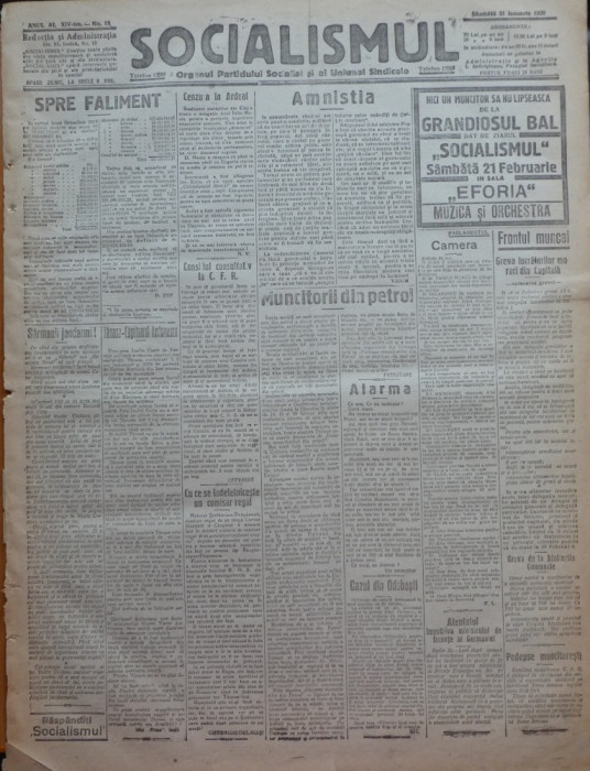 Ziarul Socialismul , Organul Partidului Socialist , nr. 18 / 1920