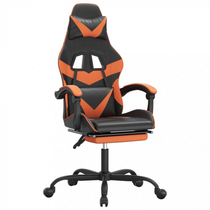 Scaun de gaming cu suport picioare, negru/oranj, piele eco