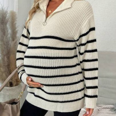 Pulover din tricot, cu guler si fermoar, Maternity, alb, dama, Shein