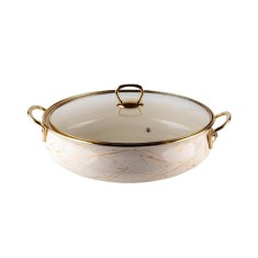 Cratita joasa emailata Goldmann, 24 x 8 cm, 3.2 l, manere titan aurii, capac sticla, inclusiv inductie, Bej