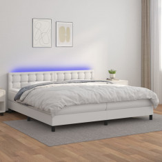vidaXL Pat cu arcuri, saltea și LED, alb, 200x200 cm, piele ecologică