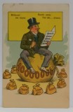 MILIONAR PE SACUL DE BANI , CARICATURA CU TEXTUL ' MILIONUL DA TONUL . SCADE SACU , DAI DE ...DRACU ' , FORMAT CARTE POSTALA , PERIOADA INTERBELICA