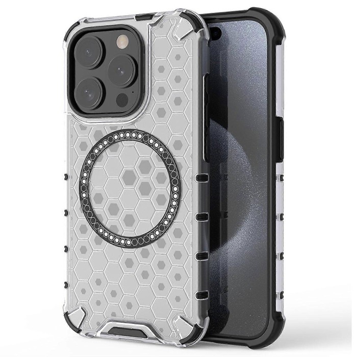 Husa transparenta iPhone 15 Pro Max Techsuit HoneyComb Shield MagSafe, alb