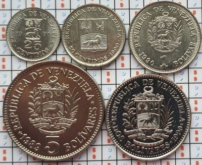 Set 5 monede Venezuela 25, 50 centimos 1, 2, 5 Bolivares 1989 - 1990 UNC - A023 foto