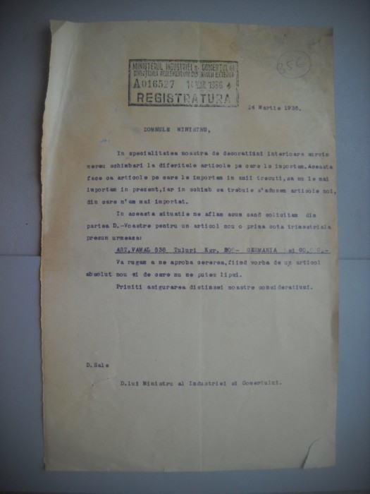 HOPCT DOCUMENT VECHI 356 MINISTERUL INDUSTRIEI COMERT EXTERIOR /BUCURESTI 1936