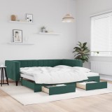 vidaXL Pat de zi cu extensie și sertare verde &icirc;nchis 100x200cm catifea