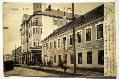 P.080 BOSNIA HERTEGOVINA WWI TUZLA SERBISCHE SCHULE UND KIRCHE CIRCULATA 1915 foto