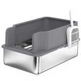 PawHut Litieră pentru Pisici din Oțel Inoxidabil L cu Tavă de Cernere Margine &Icirc;naltă Lopată 10 Tampoane Gri &Icirc;nchis | Aosom Romania