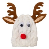 Căciulă Impletită, Model Cerb, Alb, Poliester, Cu Urechi, Coarne, Ochi și Nas Roșu