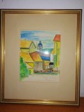 Tablou pictura acuarela nuante pastel fragment strada semnat datat 1947 Suedia