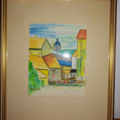 Tablou pictura acuarela nuante pastel fragment strada semnat datat 1947 Suedia