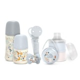 Set de start WONDERLAND Suavinex 6 piese | Albastru | Biberon 270ml+150ml, Suzete, Clips, Dozator Lapte, Husa