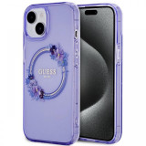 Guess Husa Flowers Ring Logo Glossy MagSafe iPhone 15 Purple