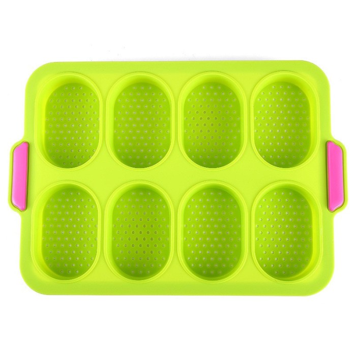 Forme de Silicon pentru Copt, Cyrax, 8 Forme Ovale, pentru Paine si Prajituri, 34.5 x 23.8 x 2.5 cm, Verde/Roz