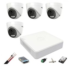 Sistem de supraveghere Hikvision 4 camere interior 5MP ColorVU, lumina alba 20m, DVR 4 canale TurboHD 8 MP, accesorii, hard disk SafetyGuard Surveilla