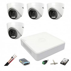 Sistem de supraveghere Hikvision 4 camere interior 5MP ColorVU, lumina alba 20m, DVR 4 canale TurboHD, accesorii, hard disk SafetyGuard Surveillance