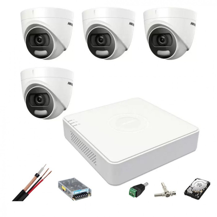 Sistem de supraveghere Hikvision 4 camere interior 5MP ColorVU, lumina alba 20m, DVR 4 canale TurboHD 8 MP, accesorii, hard disk SafetyGuard Surveilla