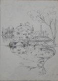 Lucrare &rdquo;Brăila, &icirc;n port&rdquo; de Elena Forțu, tuș pe h&acirc;rtie 42 x 31 cm