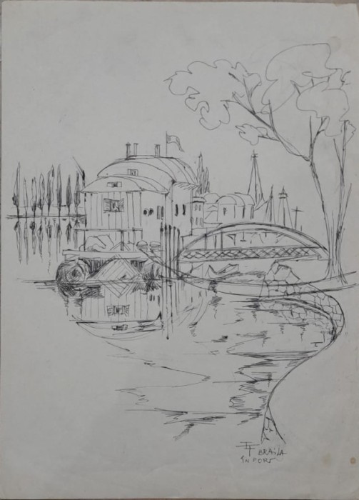 Lucrare &rdquo;Brăila, &icirc;n port&rdquo; de Elena Forțu, tuș pe h&acirc;rtie 42 x 31 cm