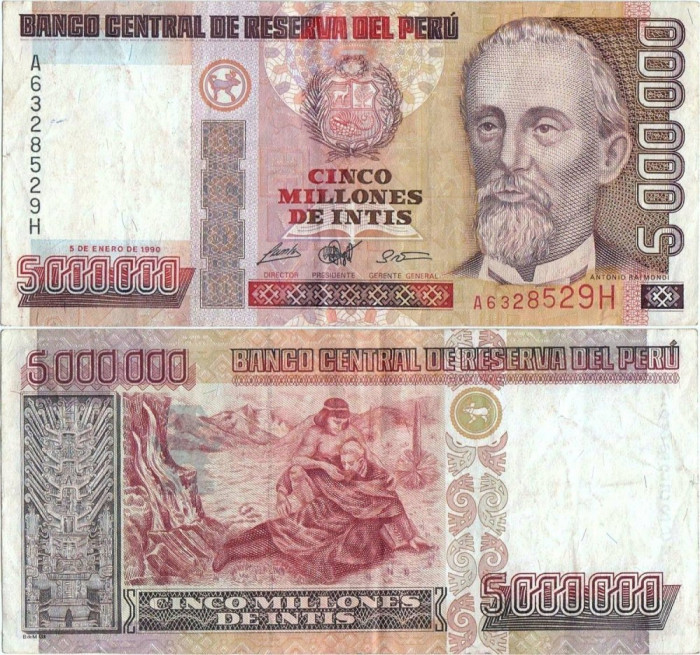 1990 ( 5 I ) , 5,000,000 intis ( P-149 ) - Peru