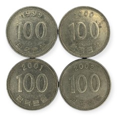Coreea de Sud , lot 19 - 4 buc x 100 Won 1999 , 2000 , 2001 , 2002