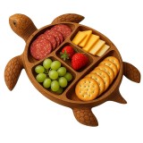 Platou pentru Servire, Cyrax, in Forma de Broasca Testoasa, 3 Compartimente pentru Mezeluri, Branzeturi, Snacksuri, Fructe, Design Artistic, din Lemn
