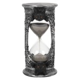 Clepsidră Gotică Decorativă cu Pisici Negre, 17cm, Nisip Gri, Ornament Birou, Bibliotecă, Stil Dark Academia, Argintiu Antichizat