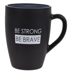 Cană Sticlă, Model Ovala, Interior Gri, Exterior Negru Mat, Mesaj Be Strong Be Brave, Capacitate 365ml