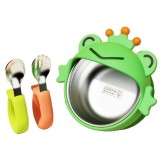 Set 3 piese diversificare bebelusi si copii, flippy, bol, lingura si furculita, model broscuta, din silicon si otel inoxidabil, verde