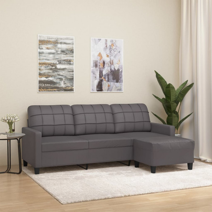 Canapea cu 3 locuri si taburet, gri, 180 cm, piele ecologica GartenMobel Dekor