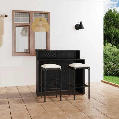 Set mobilier bar de grădină cu perne, 3 piese, negru foto