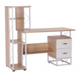 Masa pentru PC, Birou cu Raft lateral, doua sertare, cadru de fier, lemn MDF, alb si lemn 133x55x123cm HOMCOM | Aosom RO
