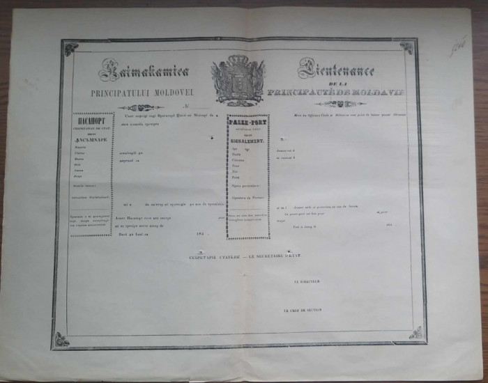 Moldova anii 1850 pasaport Kaimakamie bilingv pt tari altele decat cele vecine
