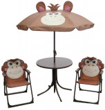 Set LEQ MELISENDA Mono, maimuță, umbrelă 105 cm, masă 50 cm, 2 scaune. Pentru copii