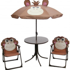 Set LEQ MELISENDA Mono, maimuță, umbrelă 105 cm, masă 50 cm, 2 scaune. Pentru copii