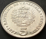 Cumpara ieftin Moneda 5 BOLIVARES - VENEZUELA, anul 1977 *cod 1918 A - model mare, America Centrala si de Sud