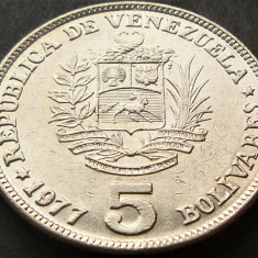 Moneda 5 BOLIVARES - VENEZUELA, anul 1977 *cod 1918 A - model mare