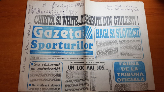 ziarul gazeta sporturilor 27 octombrie 1994 -articol despre gica hagi