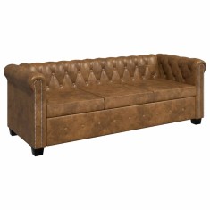 vidaXL Canapea Chesterfield, 3 locuri, maro, piele ecologică