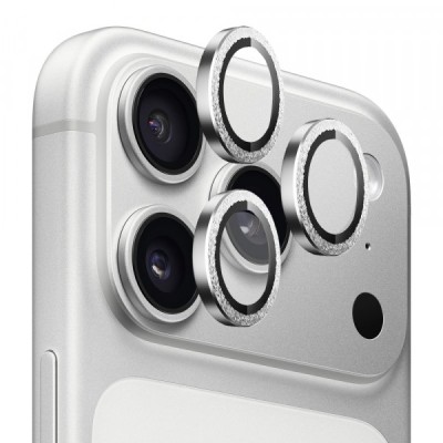 Folie de protectie Camera Spate Blueo Glitter Diamond Metal Frame pentru Apple iPhone 17 Pro Max / 17 Pro, Sticla Securizata, Argintie foto