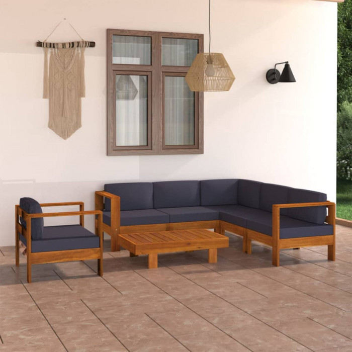 vidaXL Set mobilier grădină perne gri &icirc;nchis, 7 piese, lemn acacia