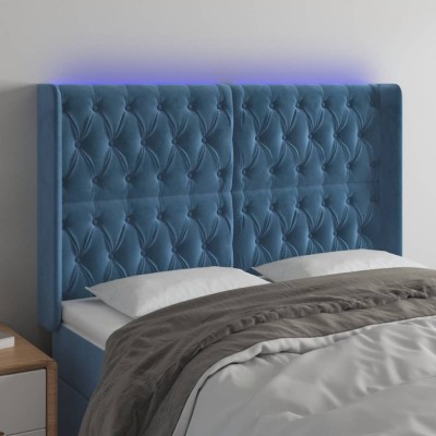 vidaXL Tăblie de pat cu LED, albastru &amp;icirc;nchis, 163x16x118/128cm catifea 3124442 foto