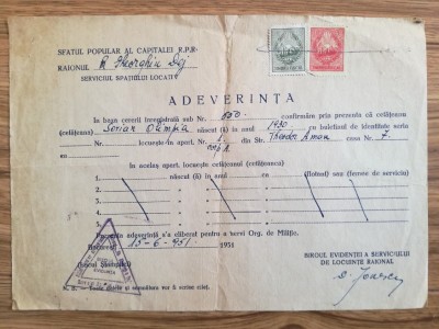 1951, Adeverință locuire, Raionul Gheorghiu Dej, București, Str. Th. Aman, Nr.7 foto