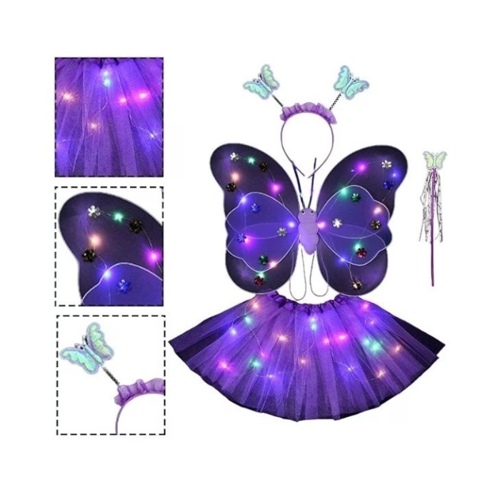 Costum Fluturas cu Aripi Modelabile Luminoase pentru Copii, Fusta din Tul cu Lumini, Bagheta si Bentita, 4 piese