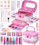 Trusa de machiaj pentru copii, Set Make-up WePro Store, solubile in apa, fard de ochi, oja, pudra, geanta cu maner pentru transport, Non-toxic, Rubin