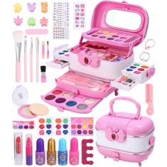 Trusa de machiaj pentru copii, Set Make-up WePro Store, solubile in apa, fard de ochi, oja, pudra, geanta cu maner pentru transport, Non-toxic, Rubin