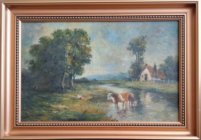 Constion (Contantin Ionescu)-Peisaj pe malul r&acirc;ului, pictură pe p&acirc;nză
