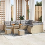 Set de canapea gradina Gossi 12 piese cu perne bej ratan poliratan acacia, set de dining gradina Gossi 3 piese cu perne bej ratan poliratan acacia